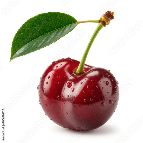 Single ripe red cherry fruit with a green leaf and water droplets, isolated on a white background