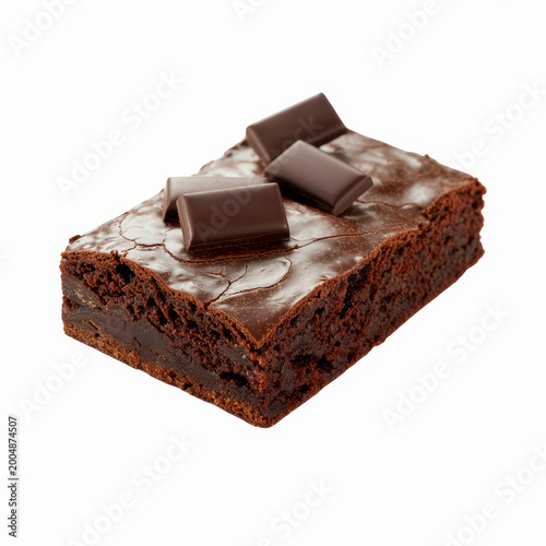 Single square chocolate brownie topped with three dark chocolate chunks on a white background