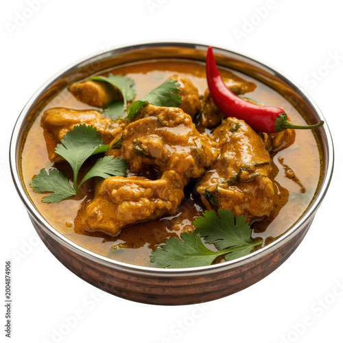 Spicy chicken curry in a copper bowl garnished with fresh cilantro and a whole red chili pepper