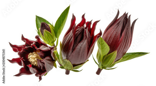 Three dark red hibiscus flowers with green leaves isolated on a white background, for botanical