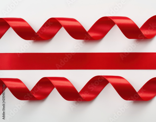 Two long wavy red satin ribbons placed horizontally across a plain white background