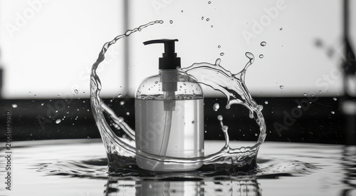 A clear pump bottle of liquid soap with water splashes isolated on a white background