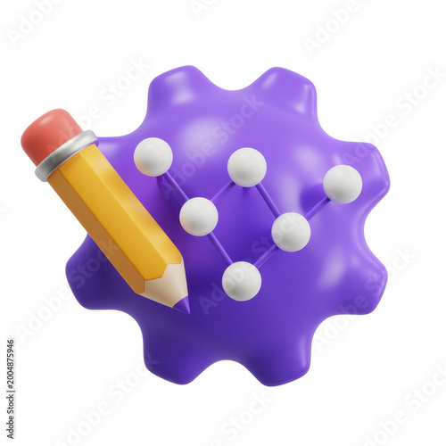 3d render of a purple gear with a yellow pencil and white connected nodes on white background