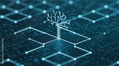 Digital Ecosystem: A stylized tree flourishes amidst a network of interconnected nodes, symbolizing the growth and complexity of a digital ecosystem and the interplay of data and technology.