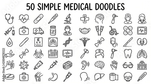 Collection of 50 simple medical doodles hand-drawn outline icons for healthcare hospital and clinic design projects isolated on white background
