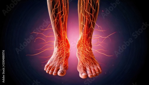 Human Feet with Veins and Nerves Highlighted in Red.