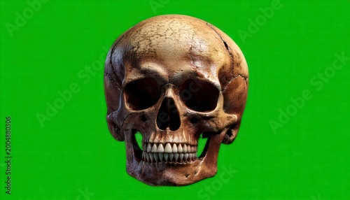 Human Skull with Vampire Fangs on Green Screen Background.