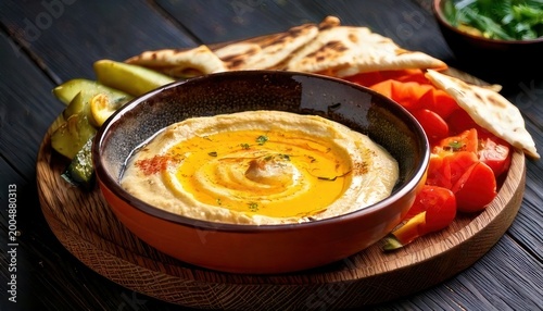 Hummus Platter with Pita Bread and Vegetables on Wooden Board.