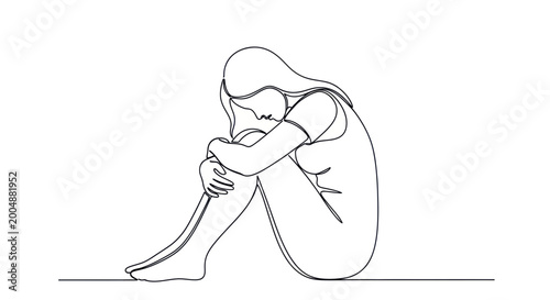 Принти на полотні Woman curled up, loneliness, depression, anxiety, single line art, minimalist st