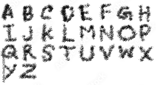 Black fuzzy alphabet png typography set. Uppercase letters A to Z, hairy chalk text, distressed charcoal font. Grunge scribbled style. Isolated transparent cutout background.