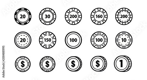 Canvastavla Casino Chips and Coins Vector Icons Set