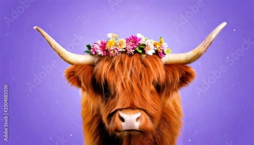 Highland Cow with Flower Crown - A Whimsical Portrait on Purple.