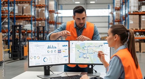 Business meeting analyzing data and strategy in warehouse