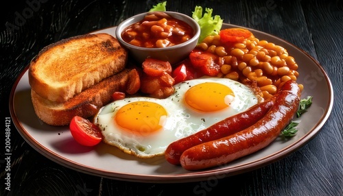 Hearty English Breakfast Plate with Eggs, Sausage, and Beans.
