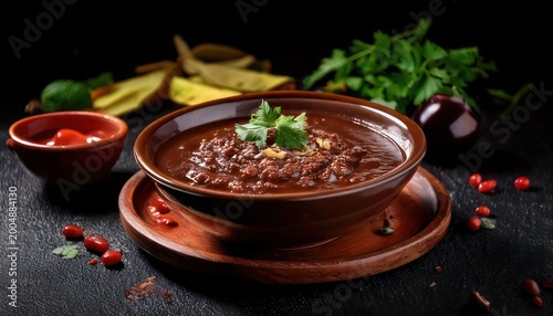 Hearty Chili Bowl with Fresh Garnishes on Dark Surface.