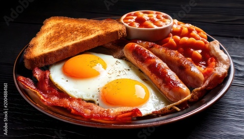 Hearty Full English Breakfast with Eggs, Bacon, Sausage, and Beans.