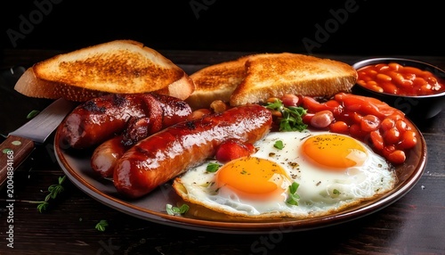 Hearty English Breakfast - Sausage, Eggs, Beans, and Toast.