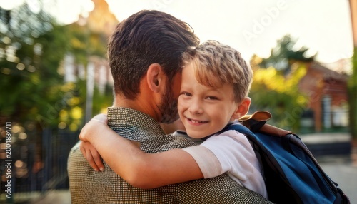Heartwarming moment - Father embraces his son on school run.