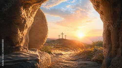 Empty Tomb at Sunrise with Three Crosses – Resurrection Christian Background