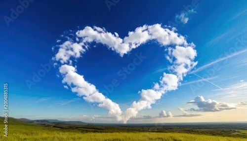 Heart-shaped cloud formation over a lush green landscape under a blue sky.