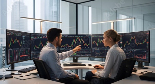 Business meeting with analysts monitoring financial market data