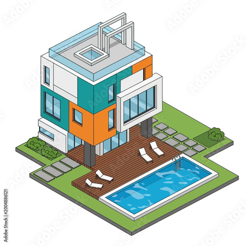 Modern multi-story house with swimming pool.
