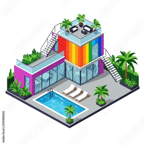 Vibrant modern house with swimming pool.