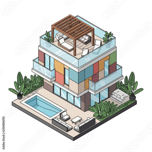Modern multi-story house with pool and garden.
