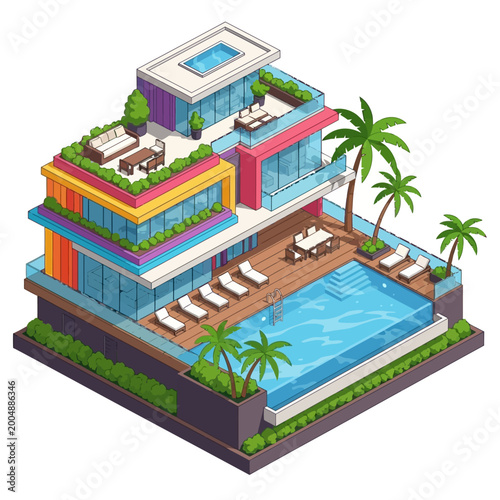 A colorful modern luxury house with pool.