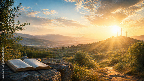 Open Bible on Stone at Sunrise – Christian Faith Landscape Background