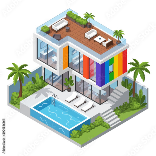 Modern house with rainbow colors and pool.