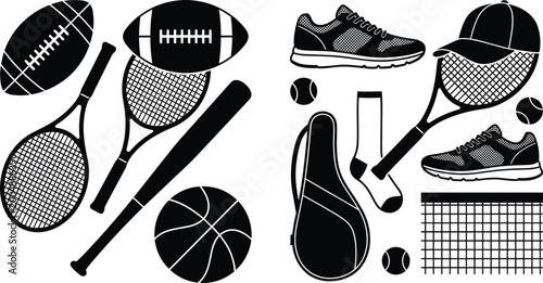 Fotografie Vector Illustration of Various Sports Equipment Including Football, Tennis Racke