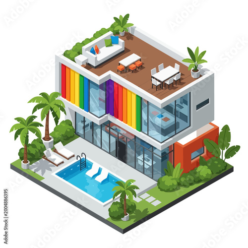 Modern house with rainbow colors and pool.