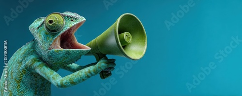 A green chameleon with its mouth wide open, holding a megaphone and shouting loudly against a blue background.