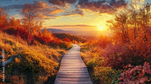 Boardwalk path stretches through a colorful autumn meadow toward a bright sunset glowing on the distant horizon.