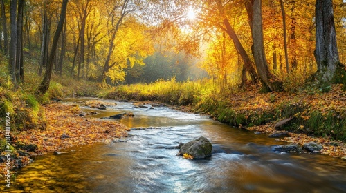 Forest stream flows gently over smooth stones surrounded by golden autumn foliage under the warm morning sunlight.