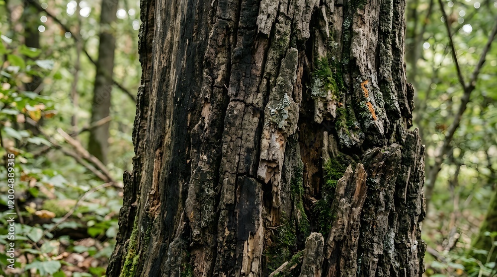 Obraz premium Rough tree bark texture with moss in a forest