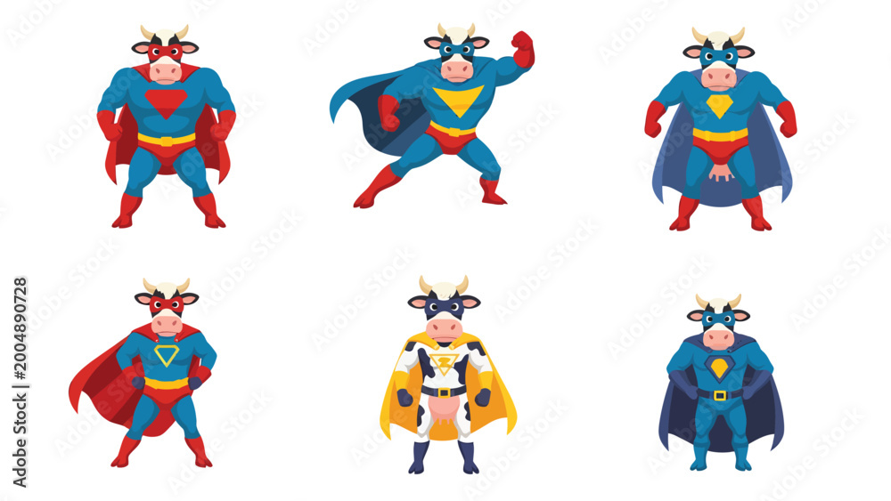 Fototapeta premium Funny Superhero Cows Vector Set: Cartoon Bovine Characters in Dynamic Heroic Poses with Capes and Masks