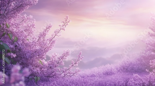 Lilac flowers bloom in a soft purple garden landscape under a gentle morning sky with natural light and copy space.
