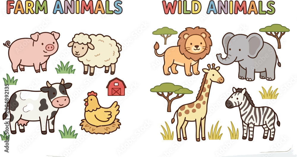 Fototapeta premium Farm and wild animals sorting worksheet