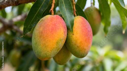 Close-up of ripe mangoes hanging on tree branches, detailed texture, fresh tropical fruits