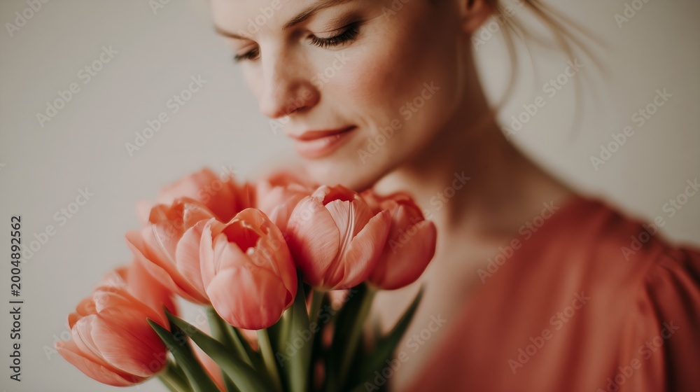 Fototapeta premium Close-up of a woman holding pink tulips, softly lit, serene moment
