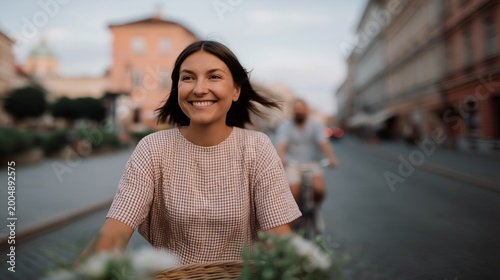 Woman rides bike through city street with soft focus background