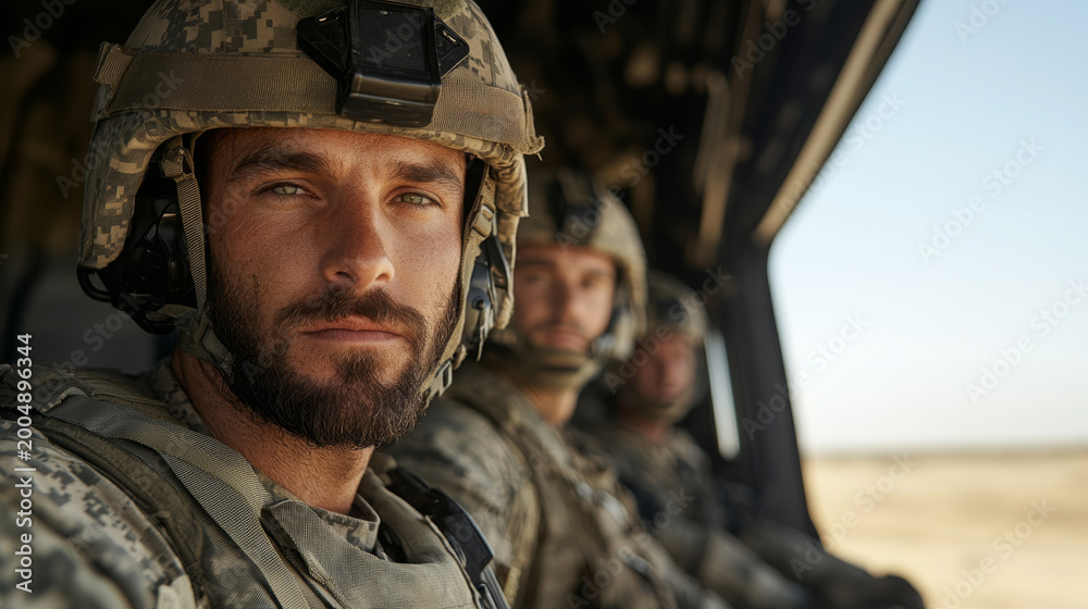 Obraz premium Soldiers in military uniform and helmets inside a vehicle, looking forward