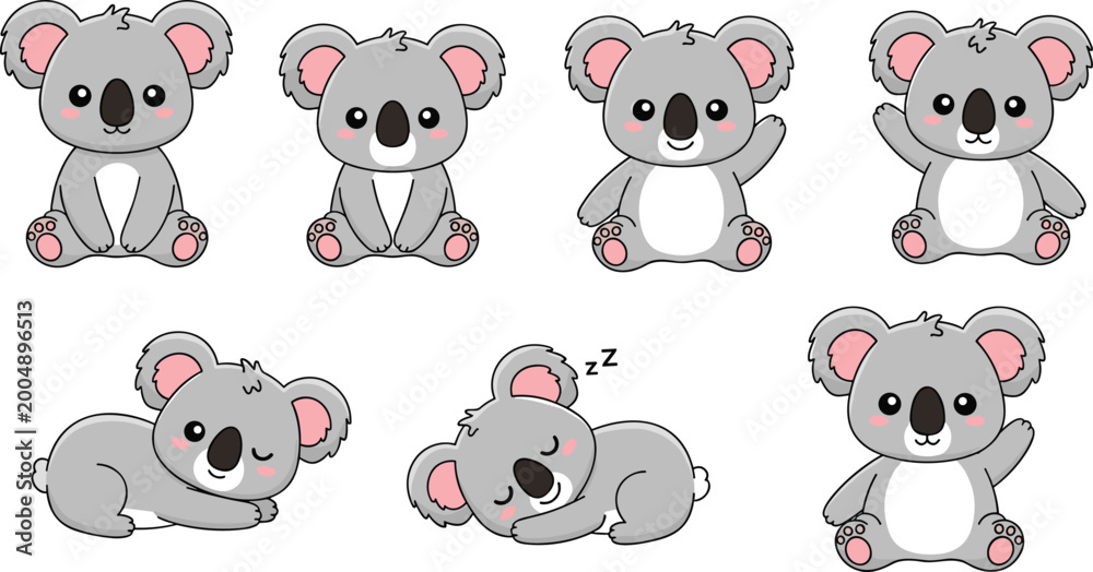 Fototapeta premium Cute Koala Bears in Various Poses, Relaxing, Sleeping, Waving, and Sitting, Playful Expressions, Adorable Animal Illustrations for Kids’ Designs, and Animal Lovers