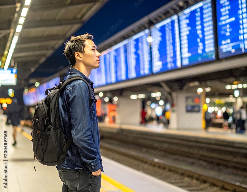 Fototapeta premium A young man with a backpack looks up at train schedules