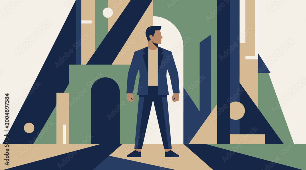 Fototapeta premium Businessman standing amid abstract architectural geometric shapes and dramatic shadows.