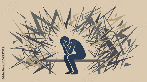Photos Silhouette crouching amid jagged angular shapes symbolizing intense anxiety and mental distress