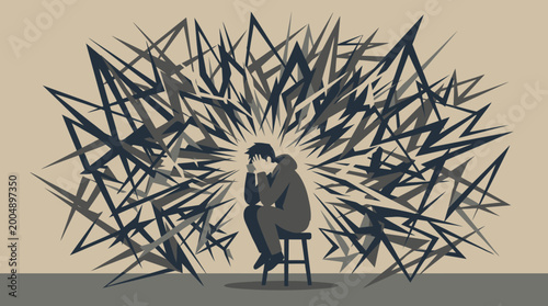 Canvastavla Lonely person crouching in front of chaotic jagged spikes representing anxiety and emotional turmoil