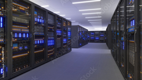 Black storage and processing unit, large AI processing server room, data center storage and network processing room, SSD and hard disk drive storage, and processor cooling system,3D rendering